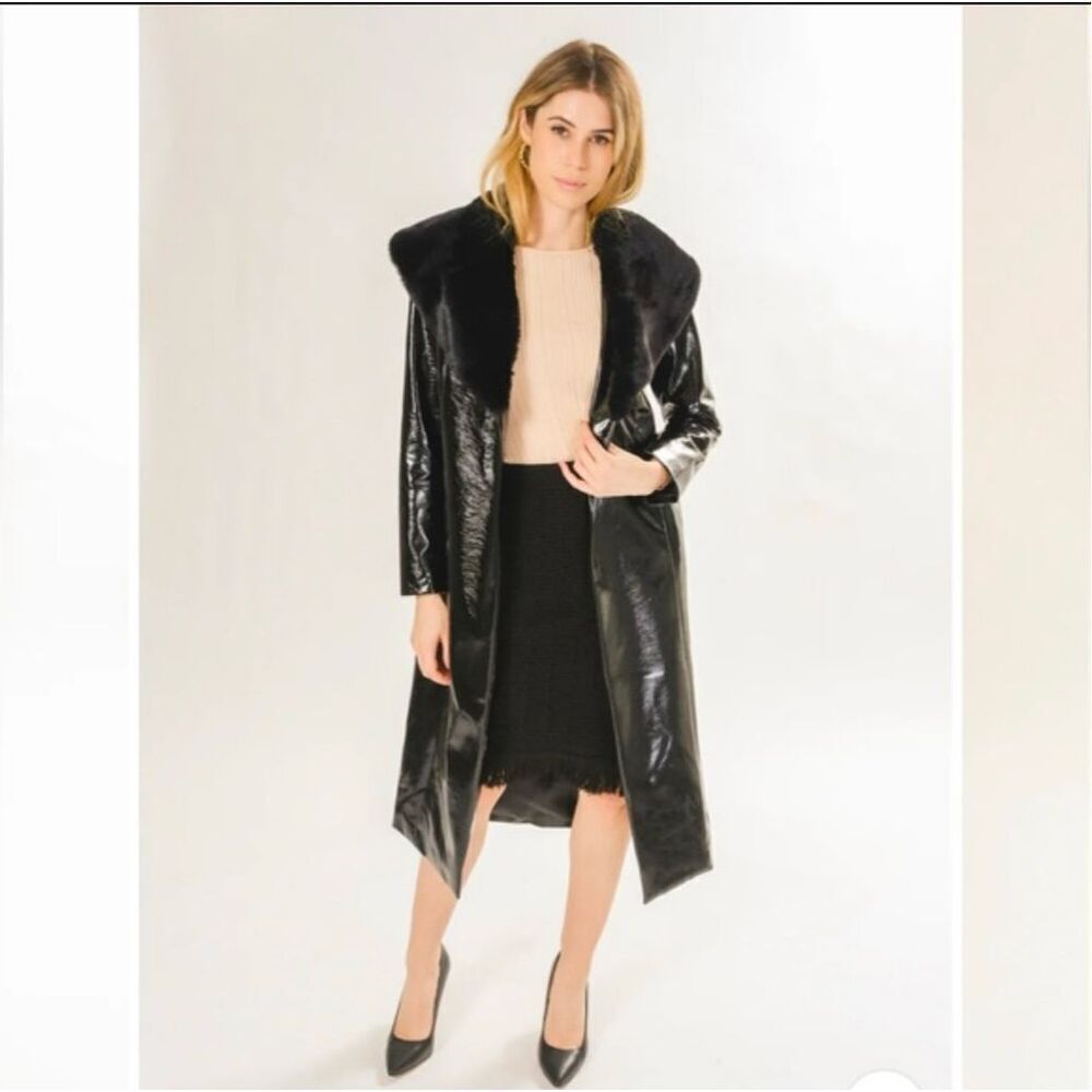 Area Stars Nordstrom Black Long Jacket With Faux Fur Lapel Size Medium New
